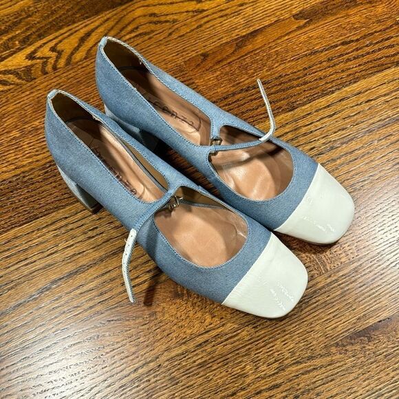 Anthropologie Vicenza Blue White Textile Buckled Strappy Mary Janes Chunky Heels - Picture 6 of 9